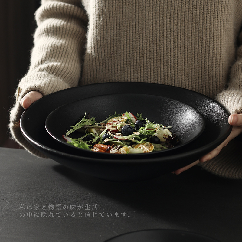黑色深盘大号12寸汤盘酒店餐具批发日式餐具冒菜盘大杂烩面汤碗