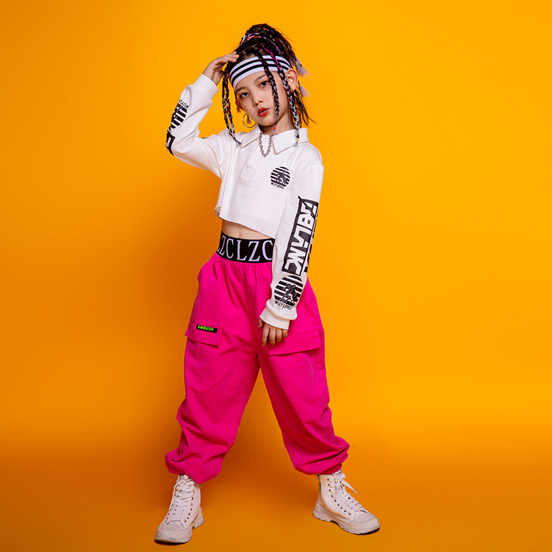Children girls jazz street dance rapper performance costumes pink white hip-hop dance suits girls group dancers jazz dance outfits girls catwalk trend clothes for baby