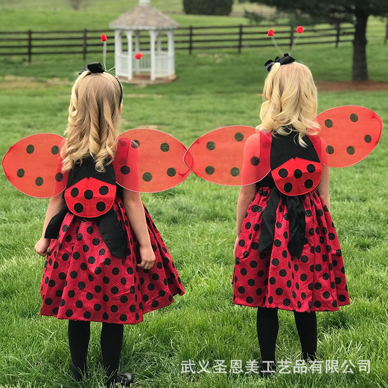 Seven Ladybug wing girl children Two piece set perform clothing gules black Gold powder perform prop