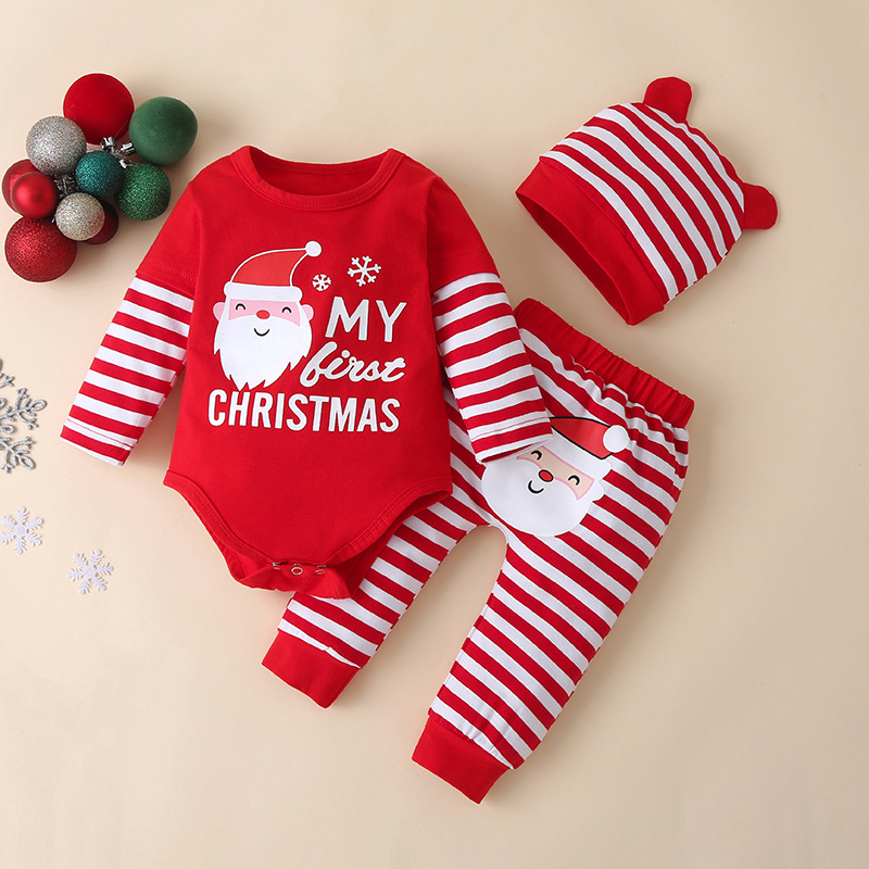 Autumn Baby Christmas Long Sleeve Striped Casual 3 Pcs Suit