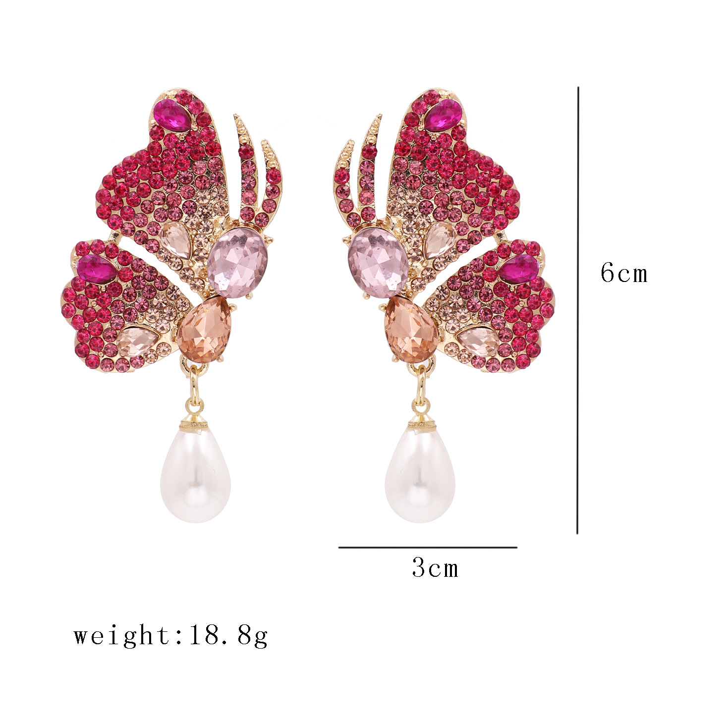 New Big Rhinestone Butterfly Wings Pearl Earrings Exaggerated Big Ladies Earrings Wholesale Nihaojewelry display picture 1