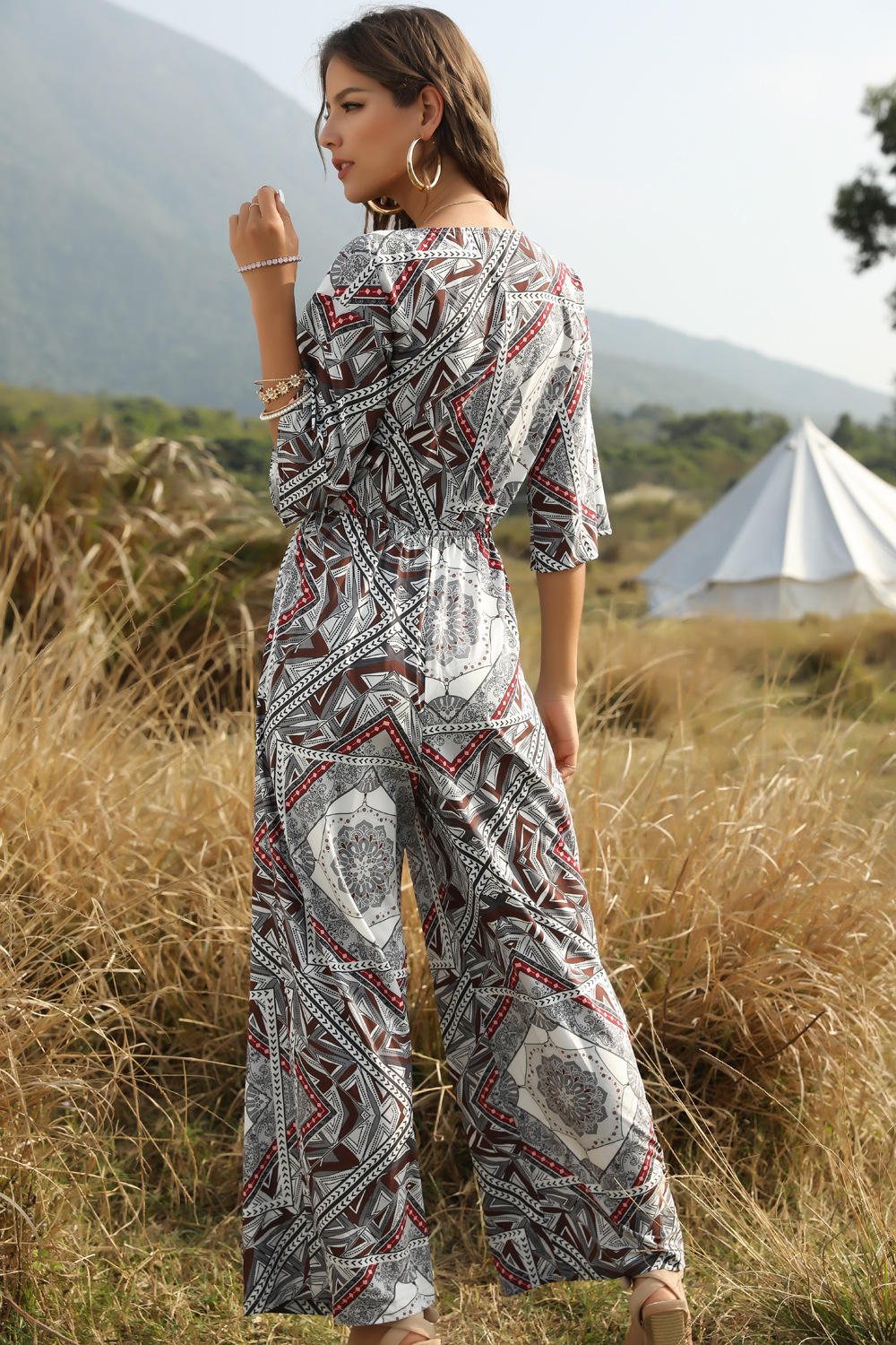 Bohemian jumpsuit women summer new casual printed bow wide leg trousers wholesale NSDF420