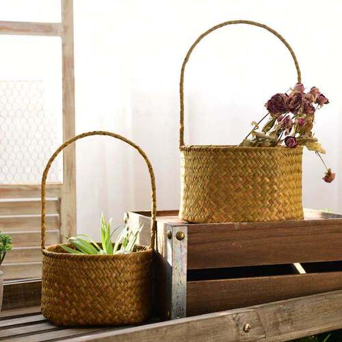 Flower Basket Woven Hand-held Basket Grass Weaving Bamboo Weaving Handmade Flower Basket Water Grass Small Flower Basket Plant Basket