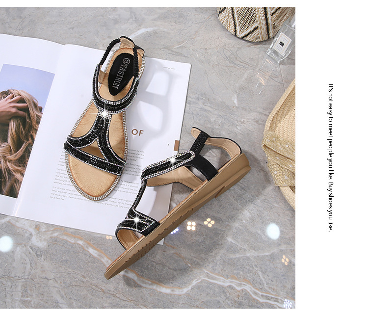 2025 New cross-border sandals Bohemian-style women's shoes summer hollowed-out flat diamond sandals Womanshoes undefined