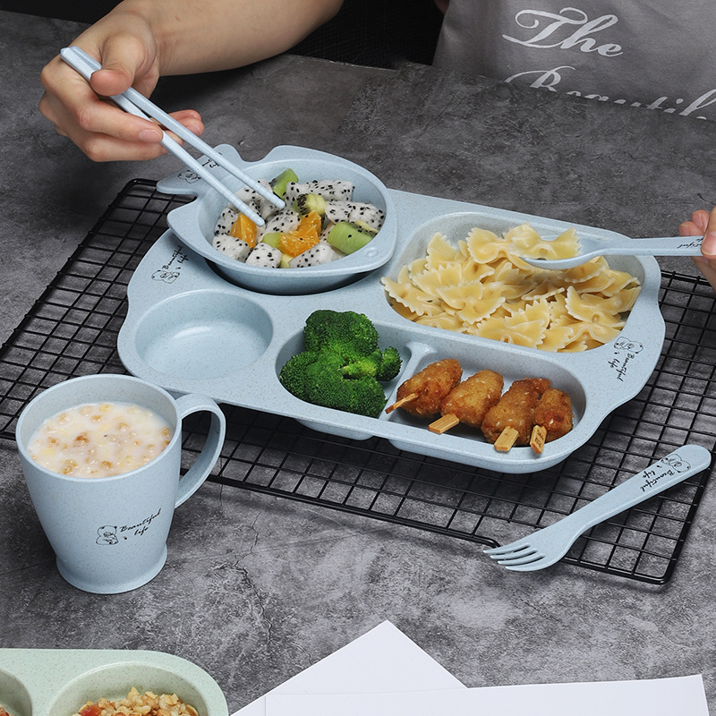 Wheat Straw Children's Dinner Plate Bowl Cup suit Kindergarten Dinner Plate Split Dinner Plate Cartoon Baby's Drop-resistant Tableware