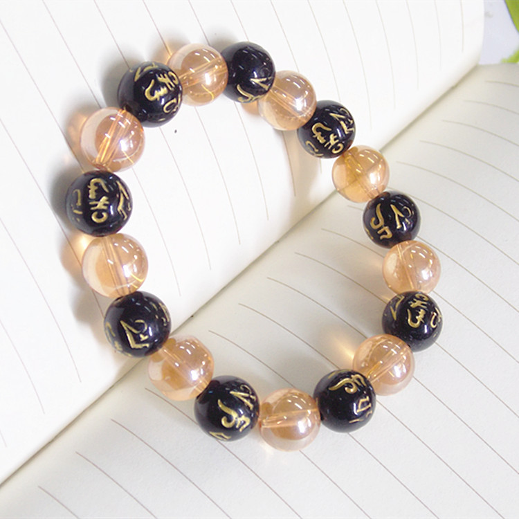10mm玻璃琥珀金女士手链 黑色六字真言串珠手链 地摊货源网店赠品