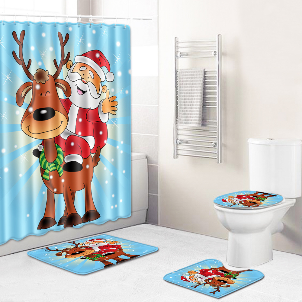 圣诞节雪橇跨境地垫浴帘卫生间防滑垫四件套亚马逊货源麋鹿