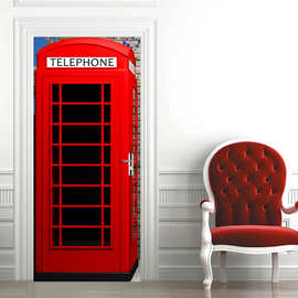 画谷跨境货源墙画3d立体门贴红色电话亭自粘亚马逊敦煌货源EBAY
