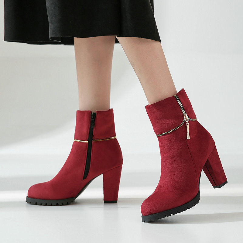 Foreign Trade Short Boots Women's Thick Heel Frosted Short Boots Women's Winter Boots All-match Fleece-lined Thick Heel High Heel Ankle Short Boots Martin Boots