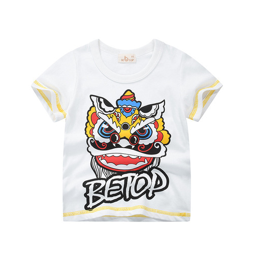 Factory Direct Sales Top Brand Children's Clothing 2024 Chinese Style Children's Summer T-shirt Pure Cotton Lion Dragon Head