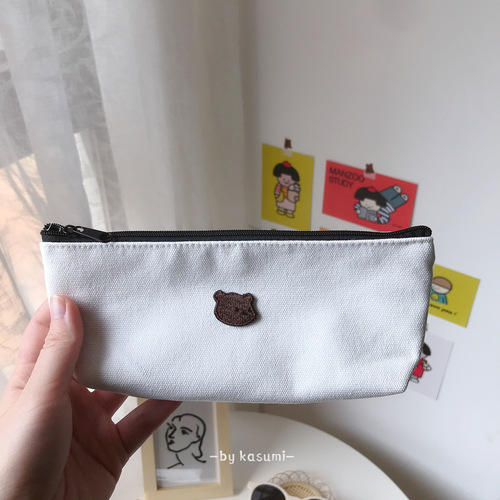 Homemade ins simple embroidered canvas triangle pen bag cute besties couple stationery storage bag bear pen bag