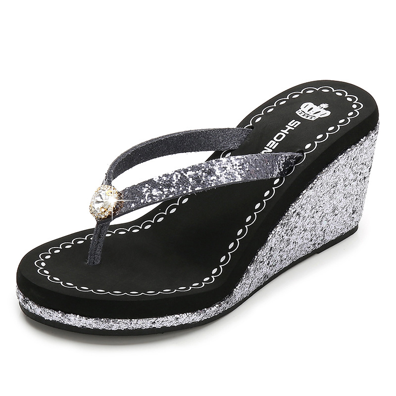 Women's Casual Solid Color Sequins Rhinestone T-Strap Flip Flops display picture 8