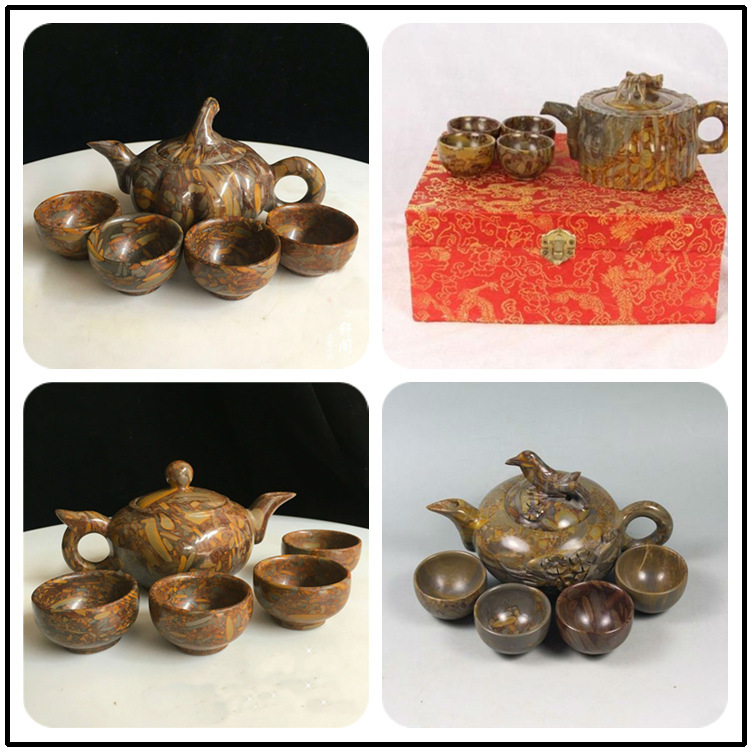 天然女娲石七彩石茶具竹叶青玉石功夫茶具套装送盒子多种款式批发