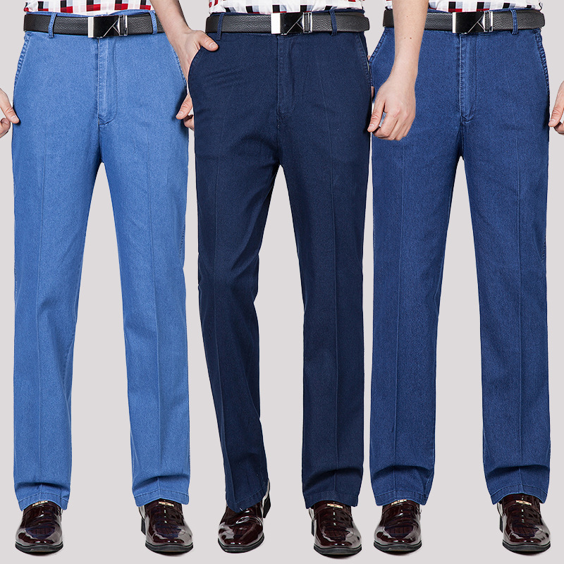 Spring and summer thin business middle-aged jeans men's large size trousers wholesale high waist elastic loose straight pants for dad Spring and summer thin business middle-aged jeans men's large size trousers wholesale high waist elastic loose straight pants for dad