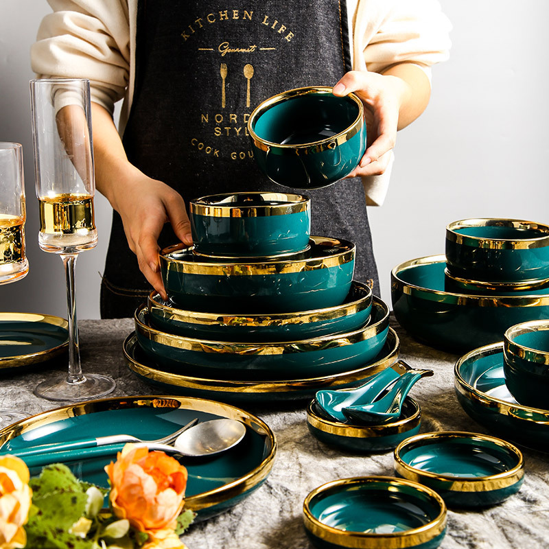 Light Luxury Gold-Rimmed Dishes Set, Personalized Creative Ceramic Tableware, European-Style Household Rice Bowls and Plates Combination Bowls and Chopsticks Wholesale