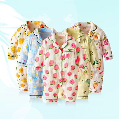 Fraction new pattern printing 2021 child Romper baby Crepe pajamas baby Long climb Lapel Underwear