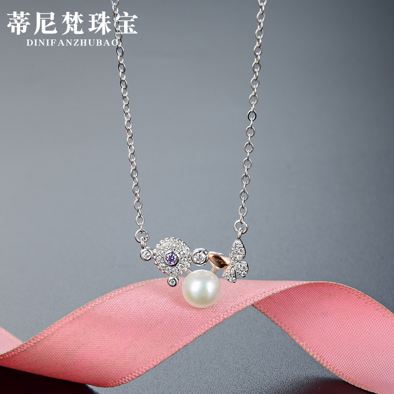 S925 plata esterlina collar de perlas agua dulce para las mujeres luz dulce lujo estilo coreano nicho diamante mariposa colgante redondo cadena clavícula