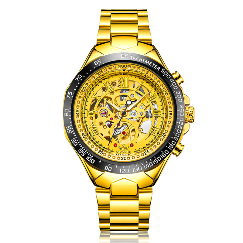 SEWOR correa de acero de moda para hombres reloj mecánico automático reloj mecánico de negocios reloj transparente hueco 768
