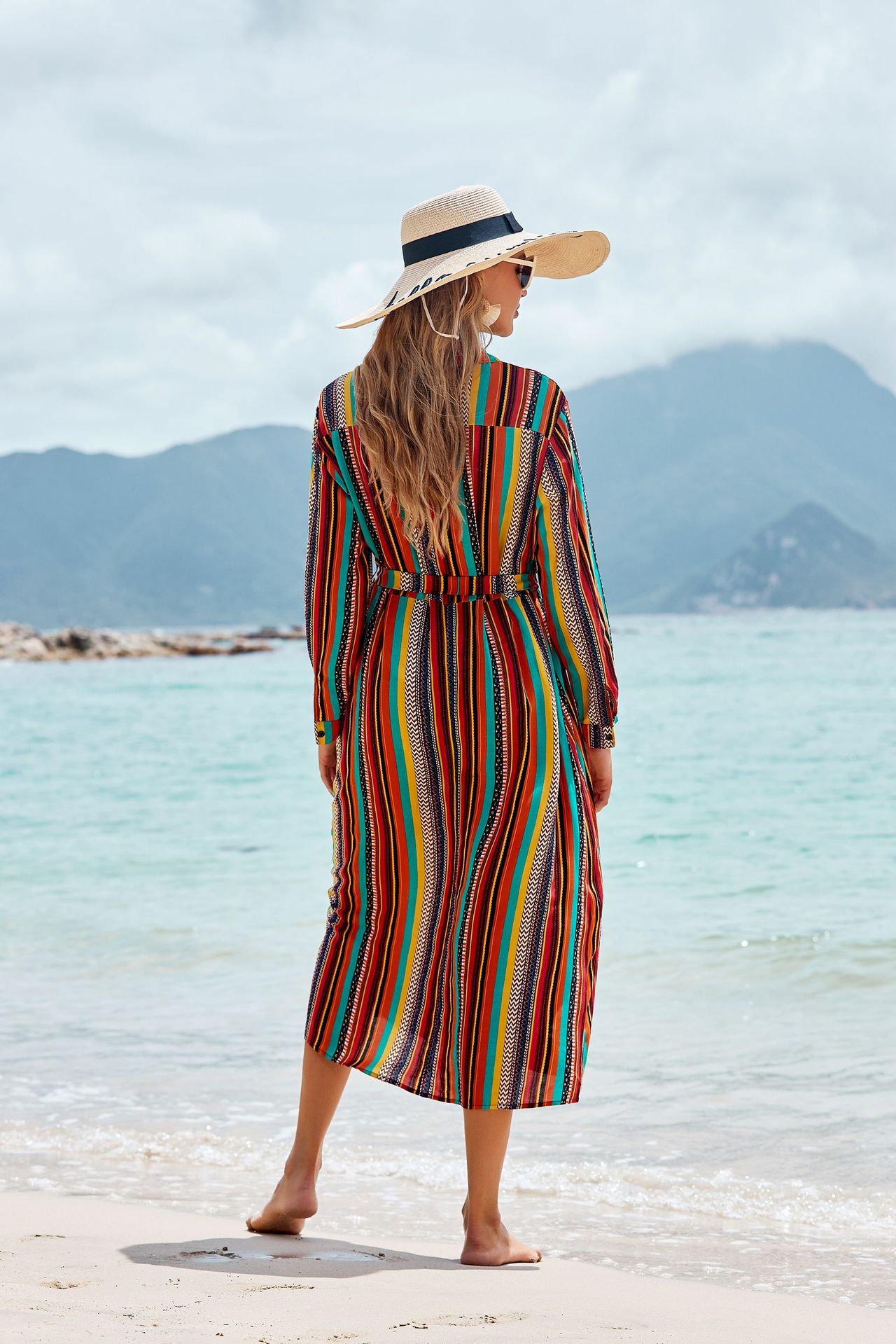 New Rayon Color Stripe Belt Long Dress Beach Skirt Holiday Sunscreen Bikini Blouse Swimsuit Wholesale Nihaojewelry display picture 10