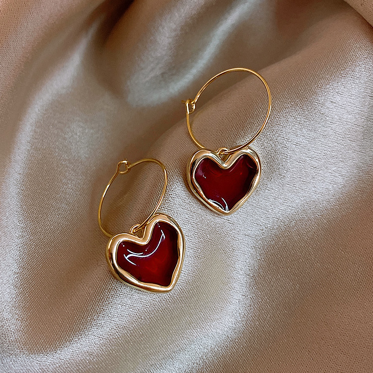 New Trendy Wine Red Love Earrings display picture 3