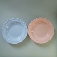 东南亚密胺餐具9寸豪华花边深盘汤碟美耐皿盘子凹凸效果粉红浅蓝
