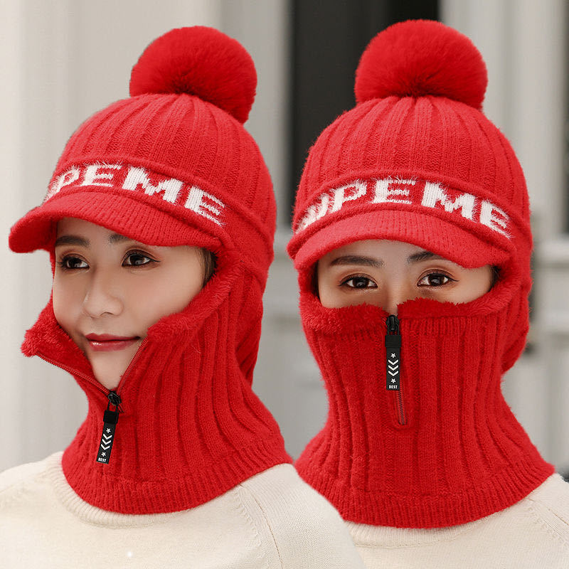 韩版百搭透气针织帽子呼吸阀三件套冬季围脖帽子加绒加厚女士护耳|ms