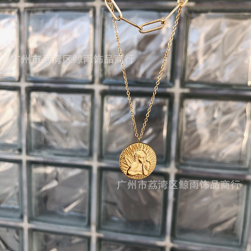 12g Weight Vacuum Plating Gold Plating Process 18K Gold Plated Plating Material 304 Stainless Steel Pendant Material Necklace Classification 304 Stainless Steel Chain Material 304 Stainless Steel Material Angel Pattern Women'S Gender Fashion Style Gold Color Wholesale Jewelry Fashion Angel 304 Stainless Steel 18K Gold Plated Necklace 7