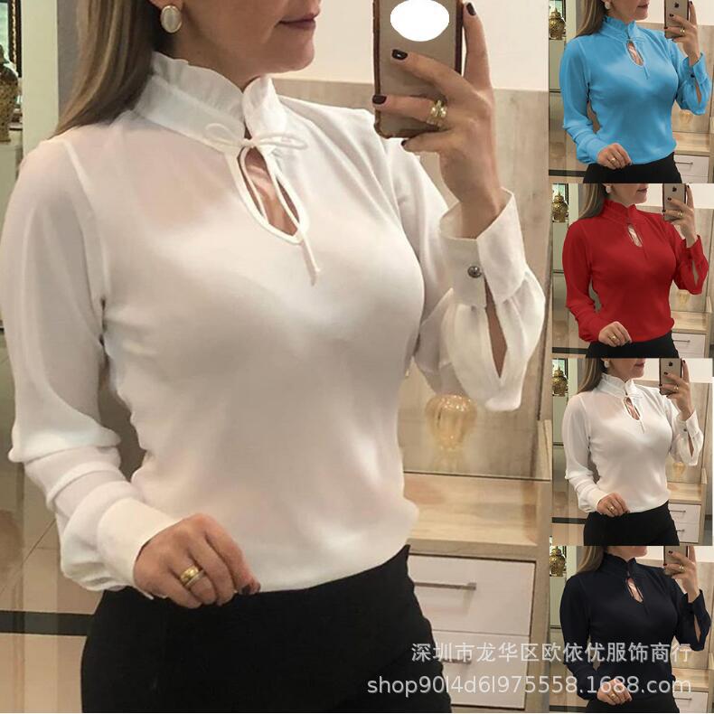 2020夏季爆款 EBAY 速賣通 wish 長袖雪紡立領襯衫 領口系帶