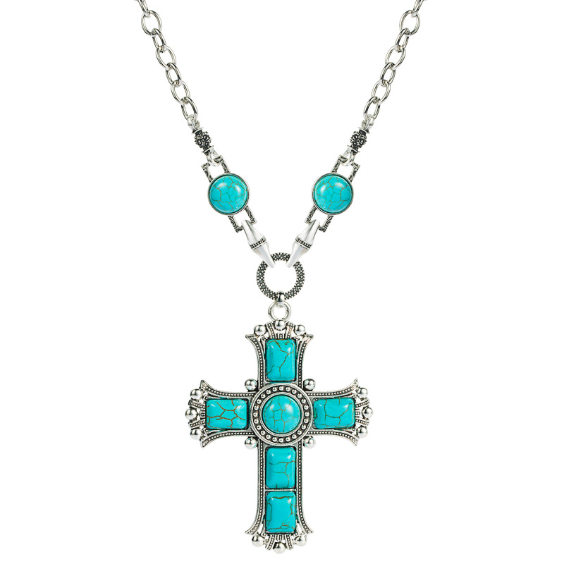 Retro Exaggerated Cross Shape Multi-layer Alloy Inlaid Turquoise Necklace display picture 5