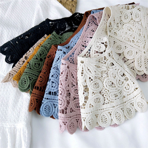 Pearl button cotton small shawl for women, Korean style summer outer decorative scarf, knotted fake collar, hollow thin scarf