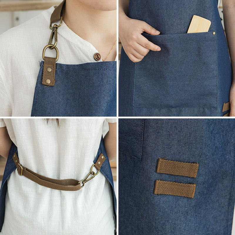 Trabajo delantal lienzo Denim anti-incrustante logotipo personalizado impresión resistente al desgaste manicura mujer barista leche tienda de té monos