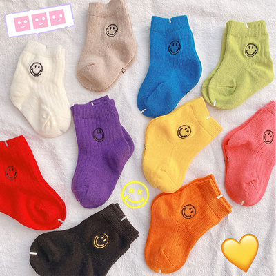 nis Spring and summer new pattern Embroidery Smiling face Children&#39;s socks Korean Edition Fluorescent color Bright children Medium hose children Socks