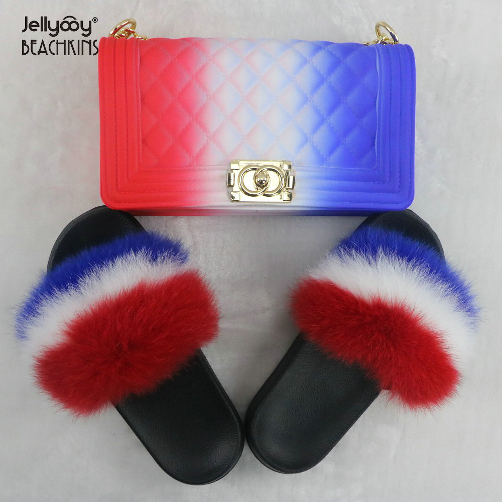 彩色菱格纹大小香奈磨砂果冻链条包配彩虹色狐狸毛女士拖鞋套装