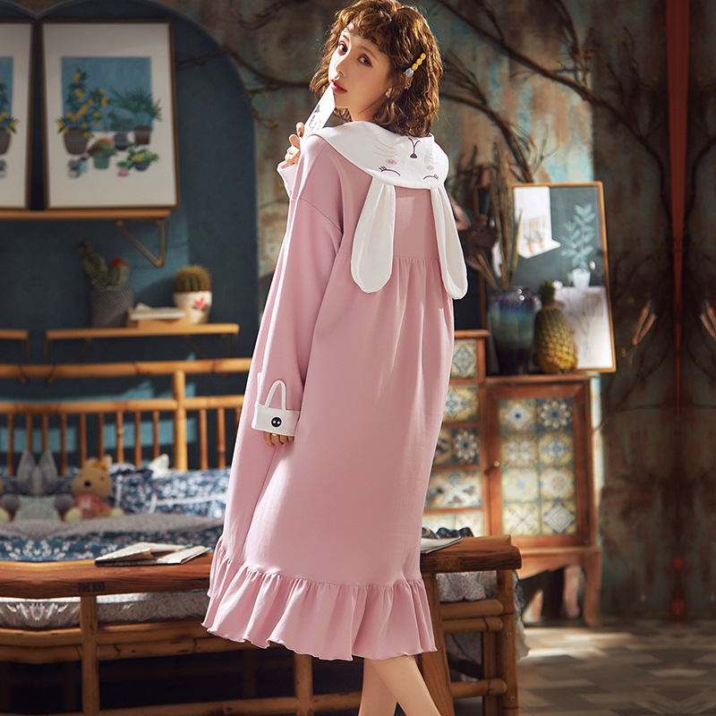 2020春季新品 韩版纯棉卡通甜美中长款睡裙兔耳朵全棉可外穿睡衣|ms