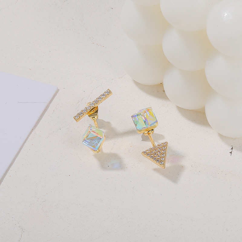 S925 Silver Needle Korea New Simple And Colorful Square Crystal Wild Asymmetric Alloy Earrings For Women display picture 7