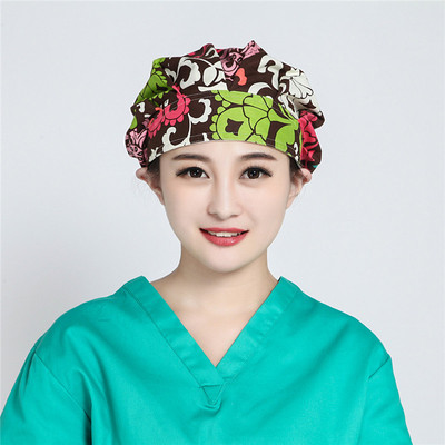 巧护士 咖啡花全棉印花手术帽女医生长发包头防尘实验室工作帽子