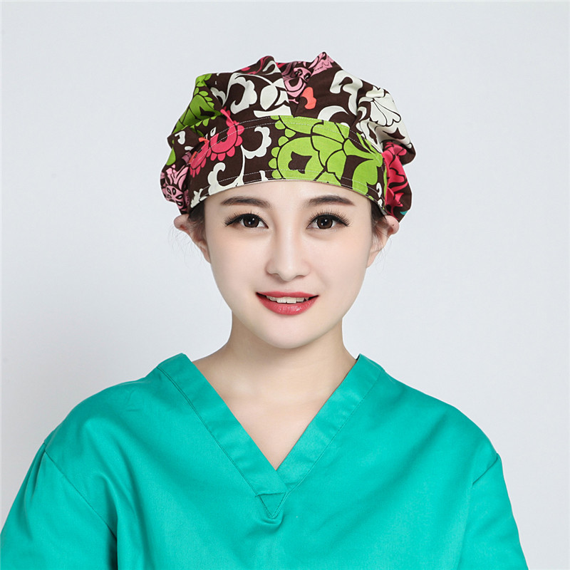 巧护士 咖啡花全棉印花手术帽女医生长发包头防尘实验室工作帽子