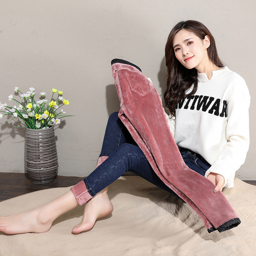 Velvet jeans for women 2022 new Korean version slimming high-waisted tight-fitting pants thickened nine-point velvet trousers winter