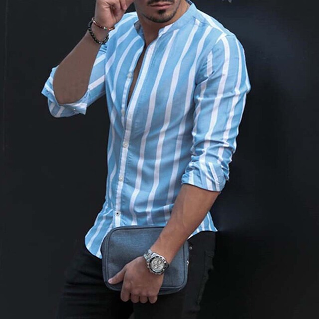 European and American men’s stand up collar stripe long sleeve casual shirt fashion men’s wear