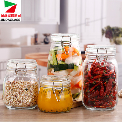 五谷杂粮玻璃罐子不锈钢卡扣圆形密封食品罐泡菜坛子方形泡酒瓶