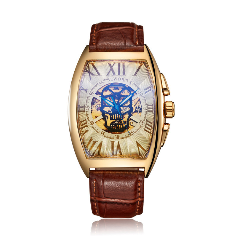 Sewor siwoqi reloj mecánico automático de los hombres hueco cráneo transparente Correa inferior reloj automático