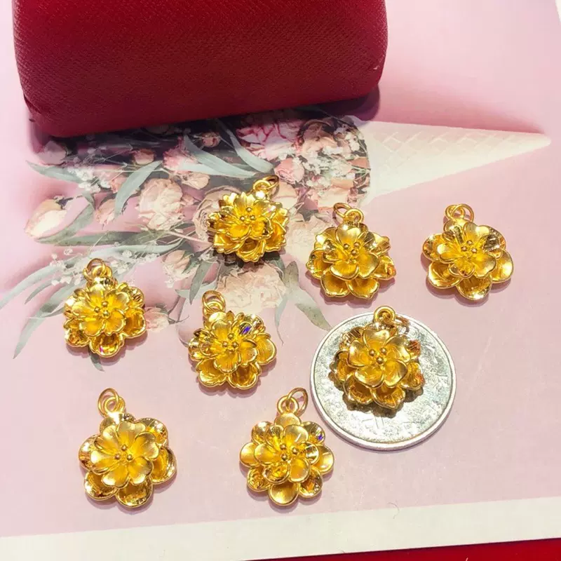 3D硬金玫瑰花朵吊坠足金花坠子999黄金女项链520送女友老婆金项链