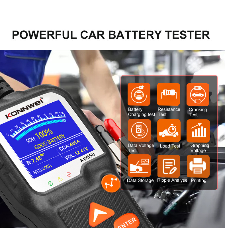 KW650 Car battery tester 6V-12V for Motorcycle Vehicles Battery