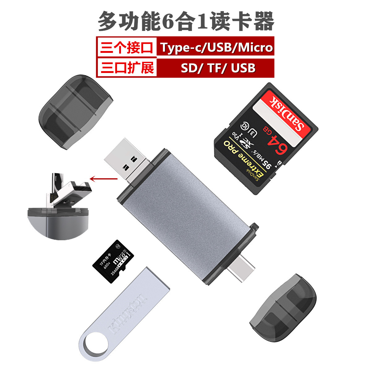 type-c otg讀卡器電腦手機通用sd/tf帶hub多功能雙頭USB3.0讀卡器