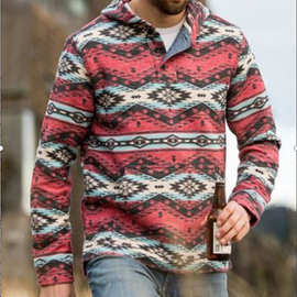 欧美欧码亚马逊跨境外贸男士连帽卫衣秋冬复古印花保暖套头衫