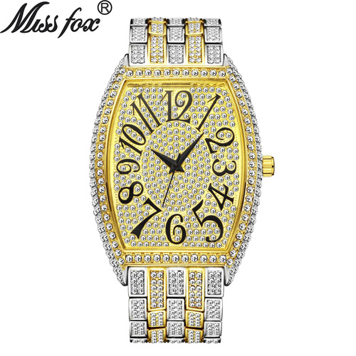 MISSFOX watch foreign trade European and American fashion diamond barrel type full diamond large dial quartz men's watch