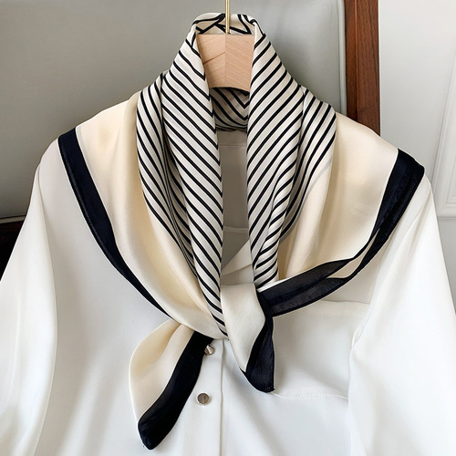 Spring and Autumn New European and American Striped Simulated Silk Square Scarf Female Professional Stewardess Scarf Summer Fashion Sunscreen Silk Scarf