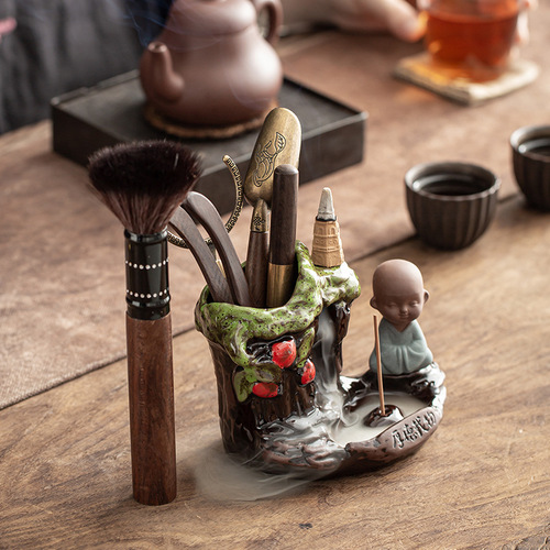 Creative Tea Ceremony Six Gentlemen Tea Clamp Set Tea Knife Black Sandalwood Kung Fu Tea Set Accessories Ceramic Tea Cylinder Backflow Incense Burner