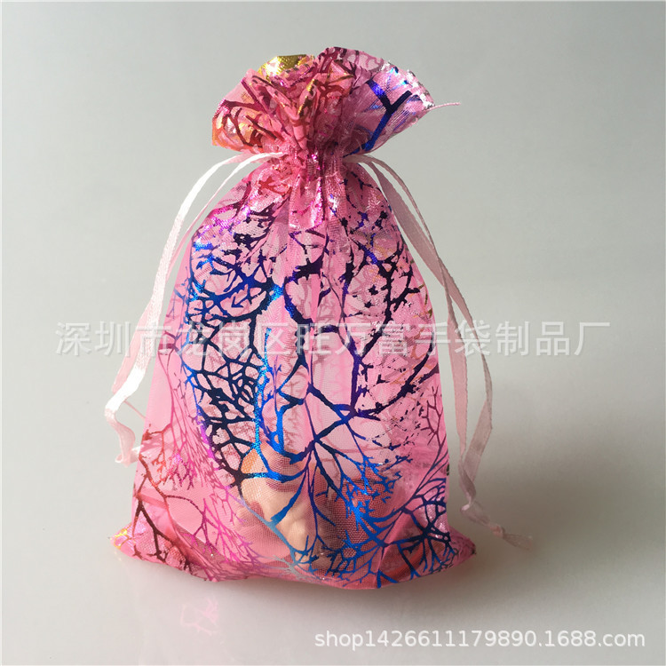 现货烫金珊瑚图案纱袋 抽绳束口纱袋 / 欧根纱袋 礼品饰品包装袋