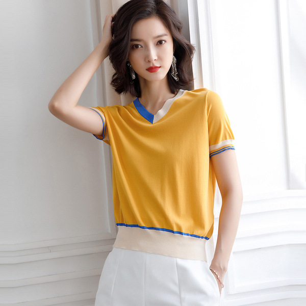 Summer T-shirt blouse women’s short sleeve ice silk sweater thin loose V-neck short color T-shirt